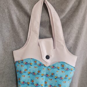Large White Handbag with Blue Pockets-Elephants and Flowers