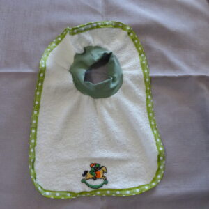 Cream Bib with Green Neck-Green with White Dots Ribbon and Rocking Horse
