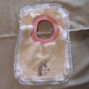 Pink Bib with Pink Neck White Lace and Unicorn