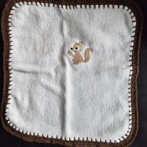 White Toweling Washer with Embroidered Squirrel with Brown Crochet Edge