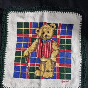 Cream Toweling Washer with Bear with Walking Stick and Green Crochet Edge