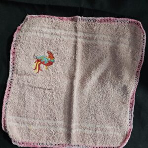 Pink Toweling Washer with Embroidered Chook and Pink Crochet Edge