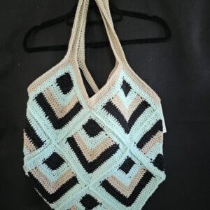 Crochet Tote Bag-Multi Colour - Black, Tan and Green - Hand Made