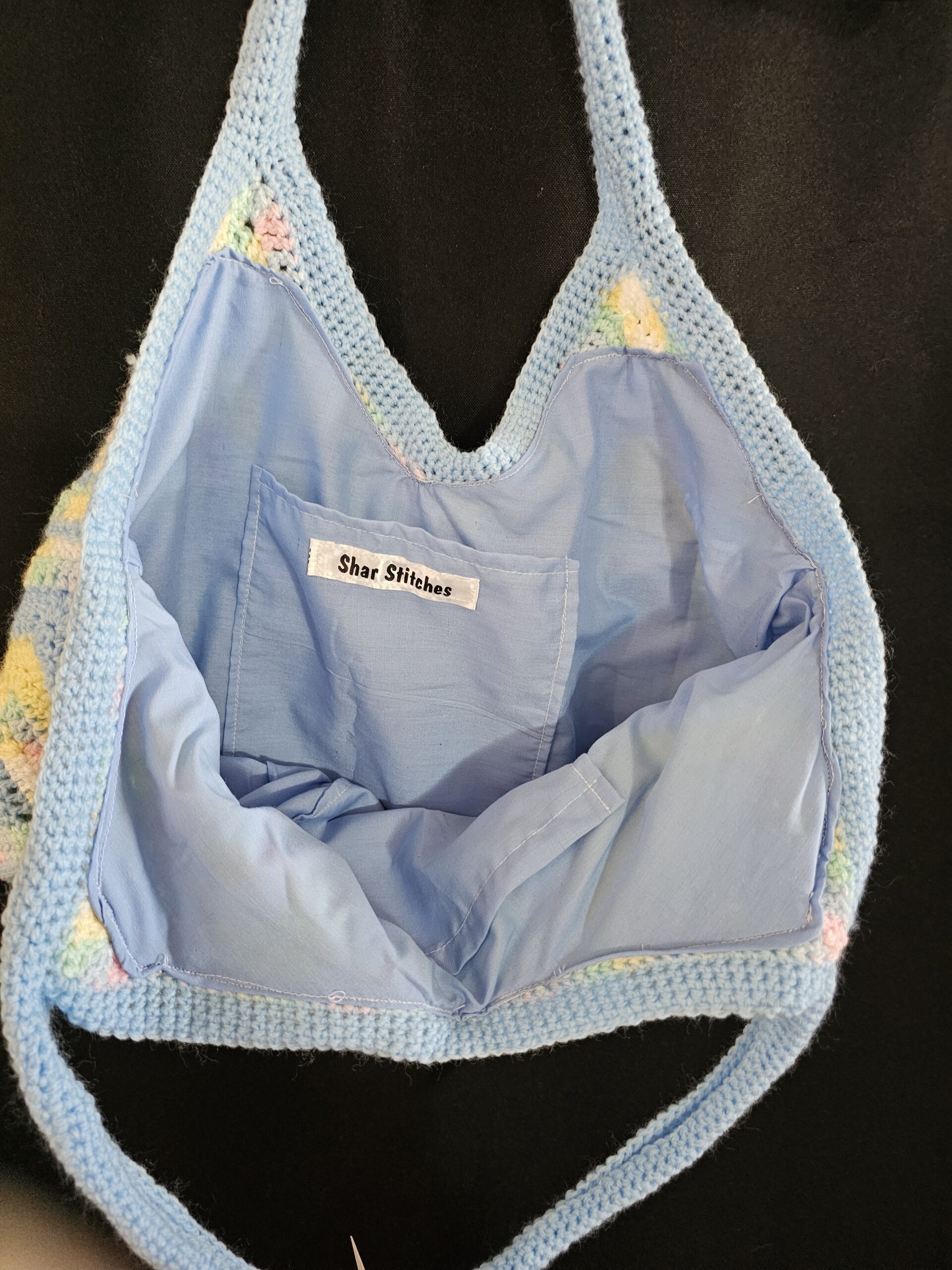 Crochet Tote Bag-Multi Colour - Blue, Yellow, Pink, White, Green - Hand Made - Image 3