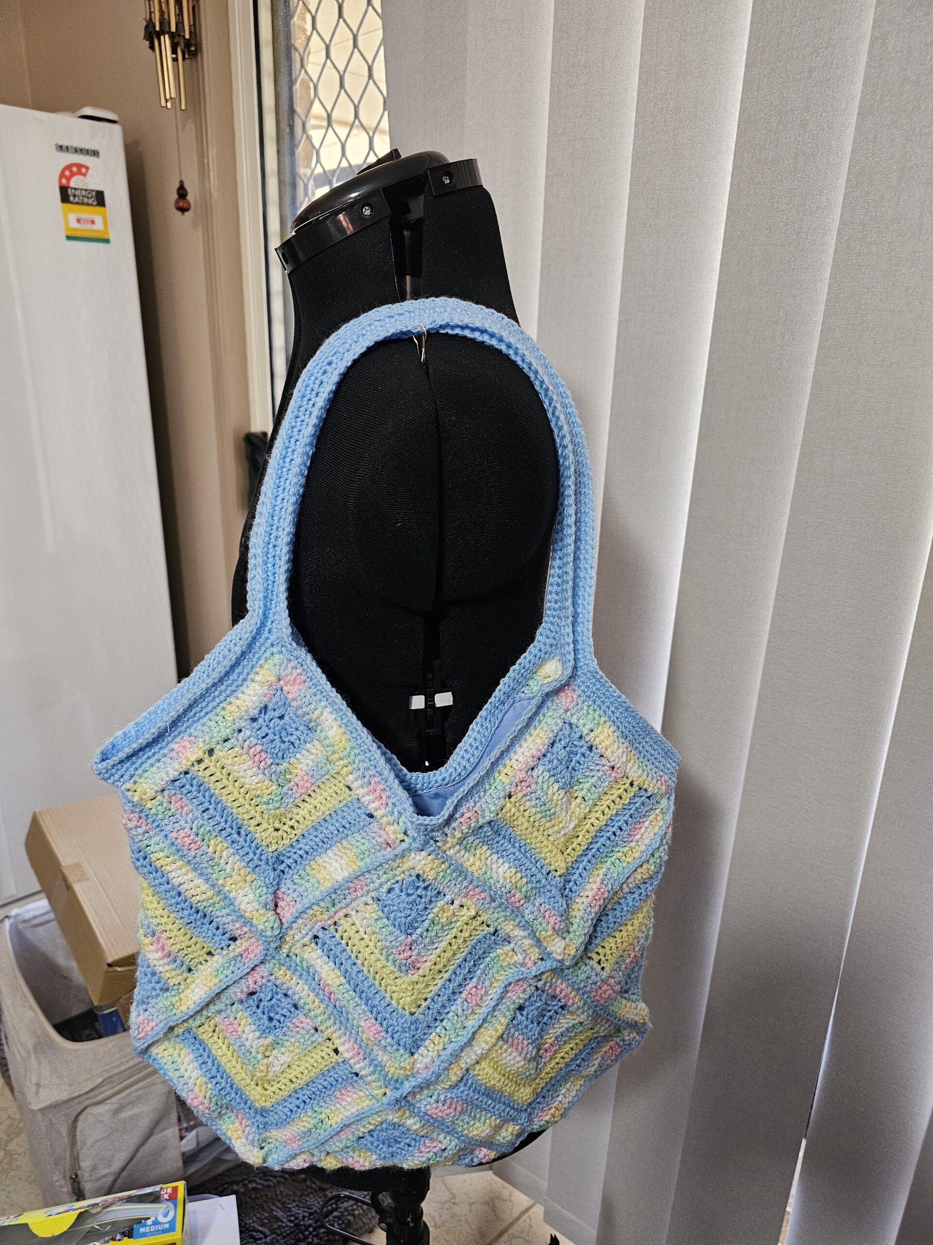 Crochet Tote Bag-Multi Colour - Blue, Yellow, Pink, White, Green - Hand Made - Image 2