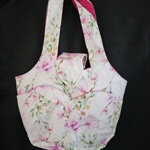 Large Hand Bag White with Pink Flowers & Pink Lining
