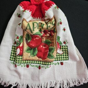 White with Red Apples Tea Towel with Red Coloured Crochet Top and Red Button