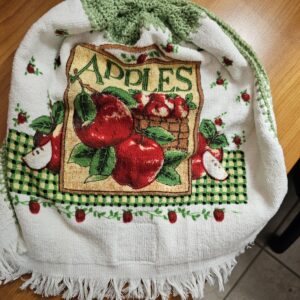 White with Red Apples Tea Towel with Green Coloured Crochet Top and Green Button