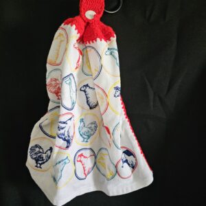 Red Crochet Top and Sides on Multi Animal Tea Towel with White Button