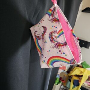 Small Unicorn with Rainbows Fabric Basket with Pink Lining and Clips
