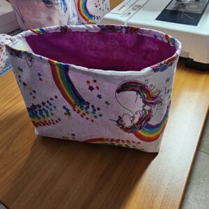 Small Unicorn with Rainbows Fabric Basket with Purple Lining and Clips