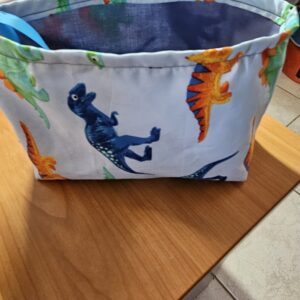 Small Dinosaur Fabric Basket with Blue Lining and Clips