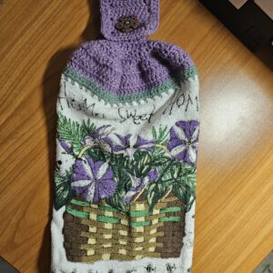 Purple Crochet Top with Flowers in a Basket "Home Sweet Home" Tea Towel and Flower Button