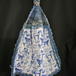 Varigated Blue Crochet Top with Farm Animals -  Double Tea Towel and Flower Button