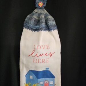 Blue Crochet Top with Flowers and a Home - Love Lives Here Double Tea Towel and Round Button