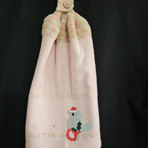 Varigated Pastel Crochet Top with Embroidered Koala -  Double Pink Tea Towel and Round Button