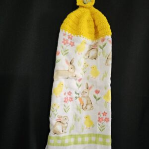 Yellow Crochet Top with Rabbits, Chicks with Flowers Double Tea Towel and Floral Button