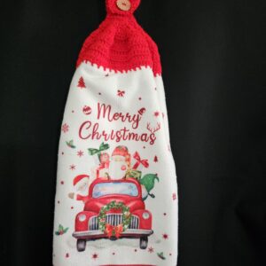 Red Crochet Top with Santa in Car - Merry Christmas -  Double Tea Towel and Round Button