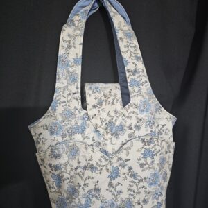 Large Cream/Blue Hand Bag with Floral Pattern  & Blue Lining - 8 Pockets with Matching Utility Bag