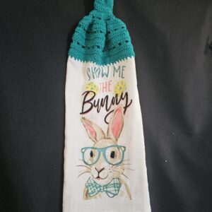 Green Crochet Top with Rabbit - "Show Me The Bunny" -  Double Tea Towel and Cream Button
